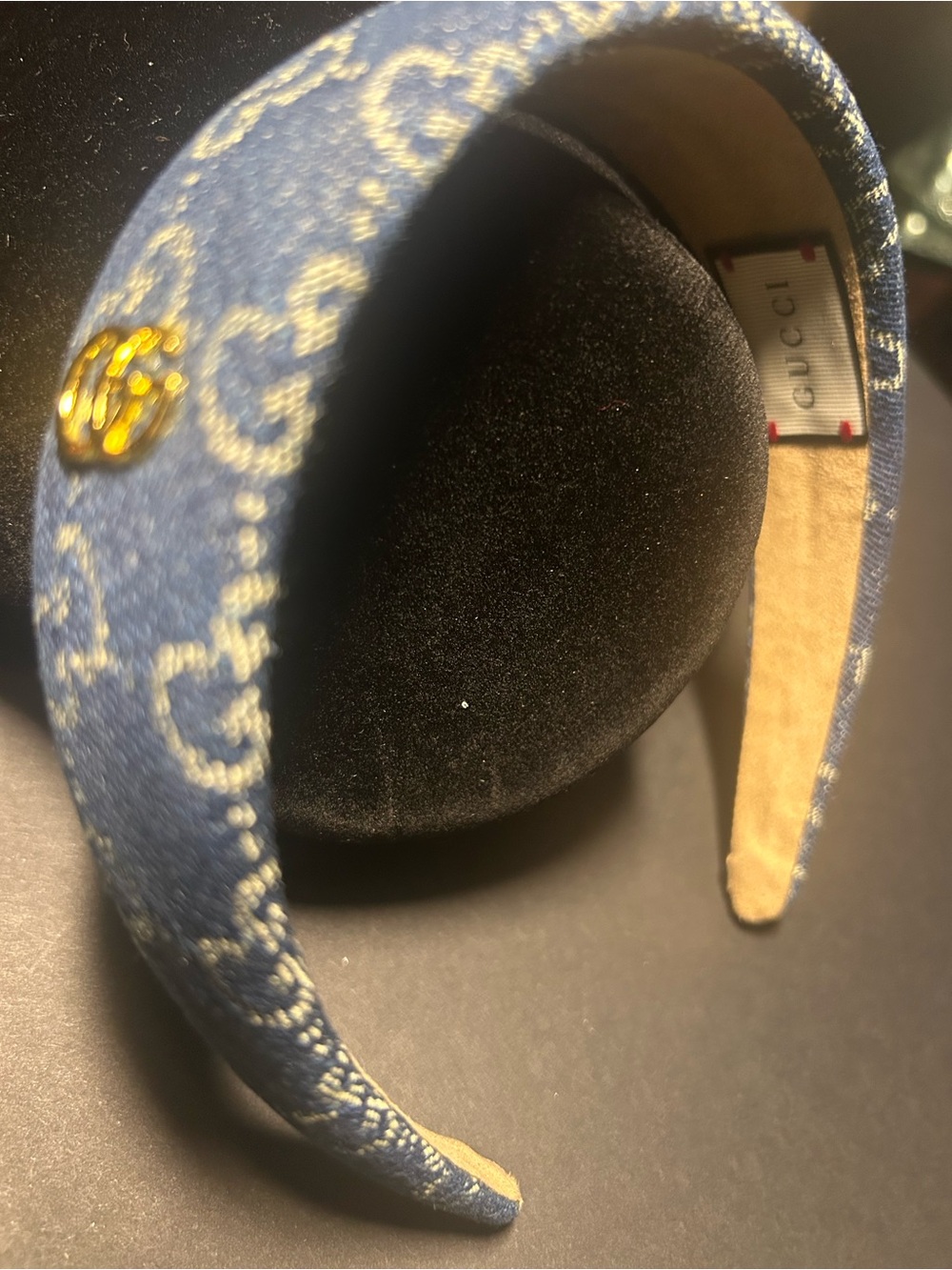 Gucci Blue GG Denim Padded Headband with Gold Double G Accent - Picture 2 of 4